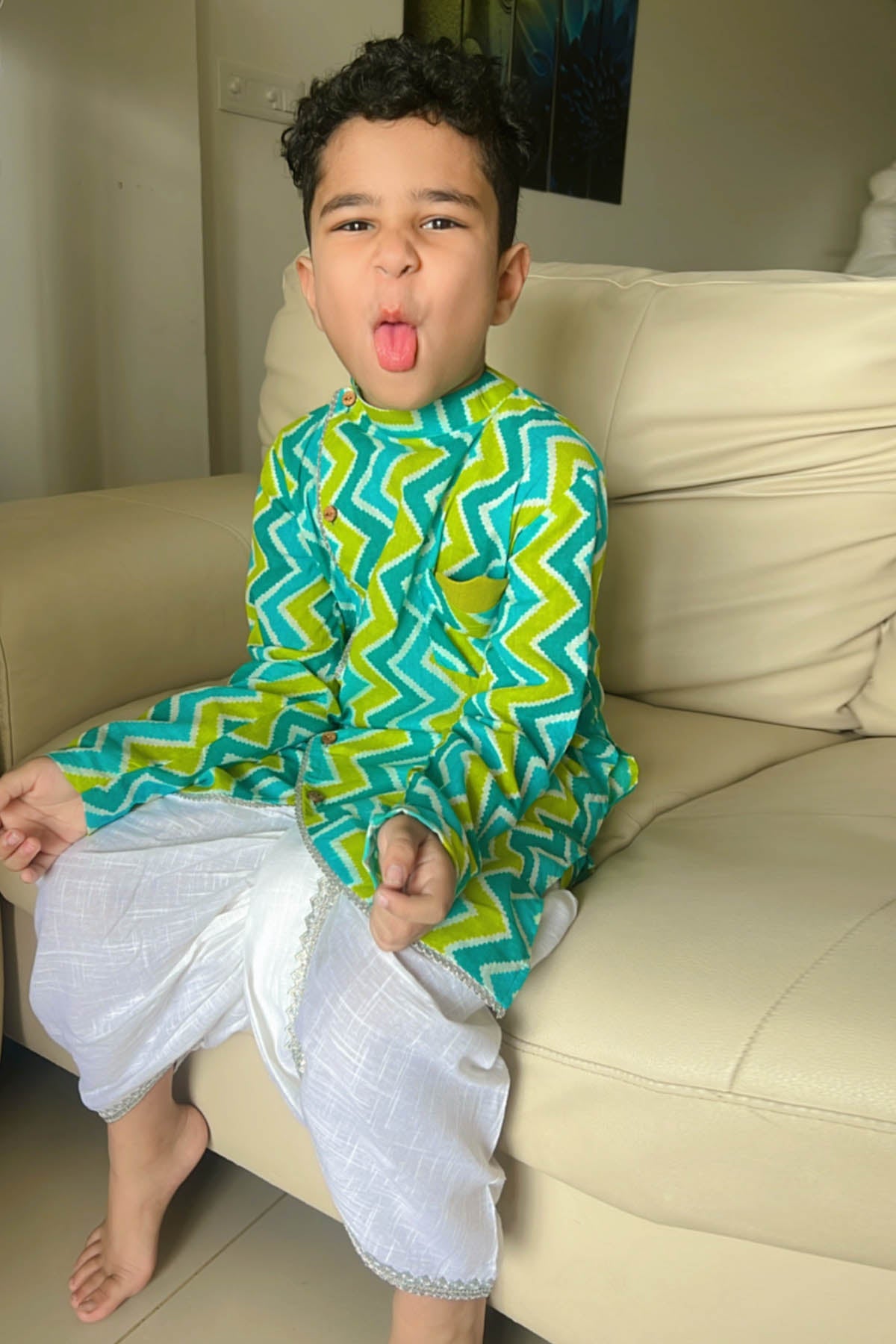 Designer Mamma's Bear Blue Zig Zag Kurta Dhoti Set For Kids (Boys & Girls) Available online at ScrollnShops